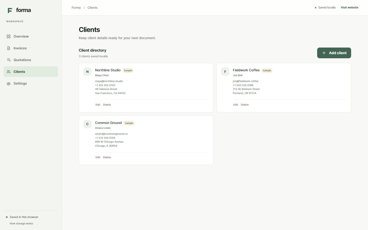 Client directory showing illustrative sample clients