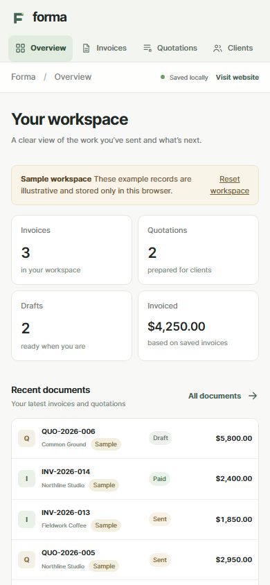 Forma overview on a mobile screen with sample records