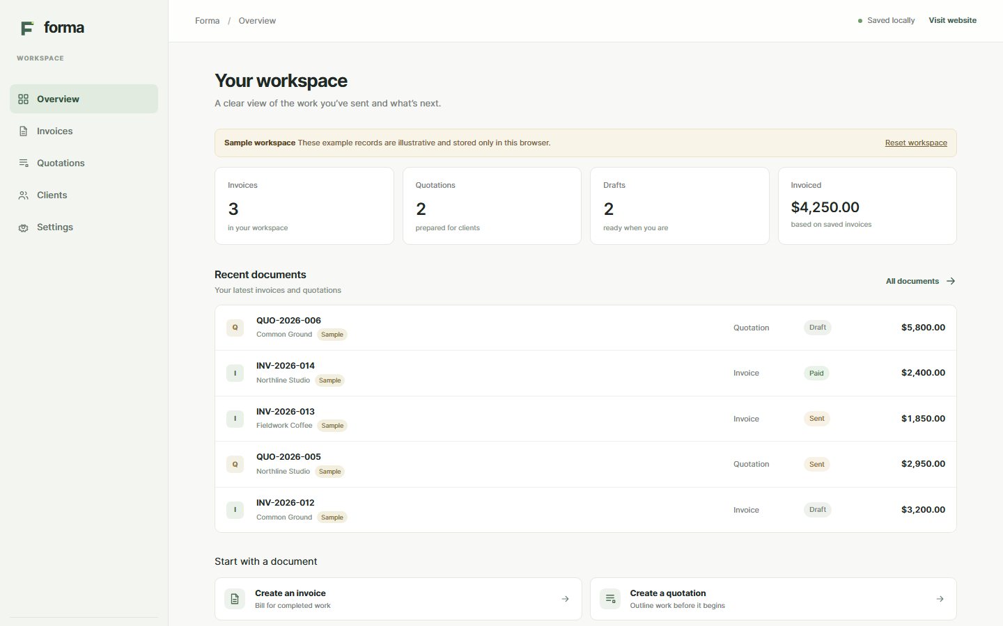 Forma overview with sample invoices, quotations, and the browser-local storage notice