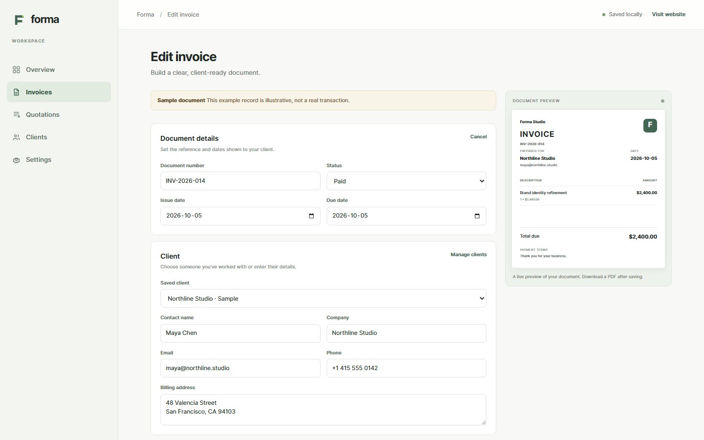 Invoice editor with a live document preview and sample record label