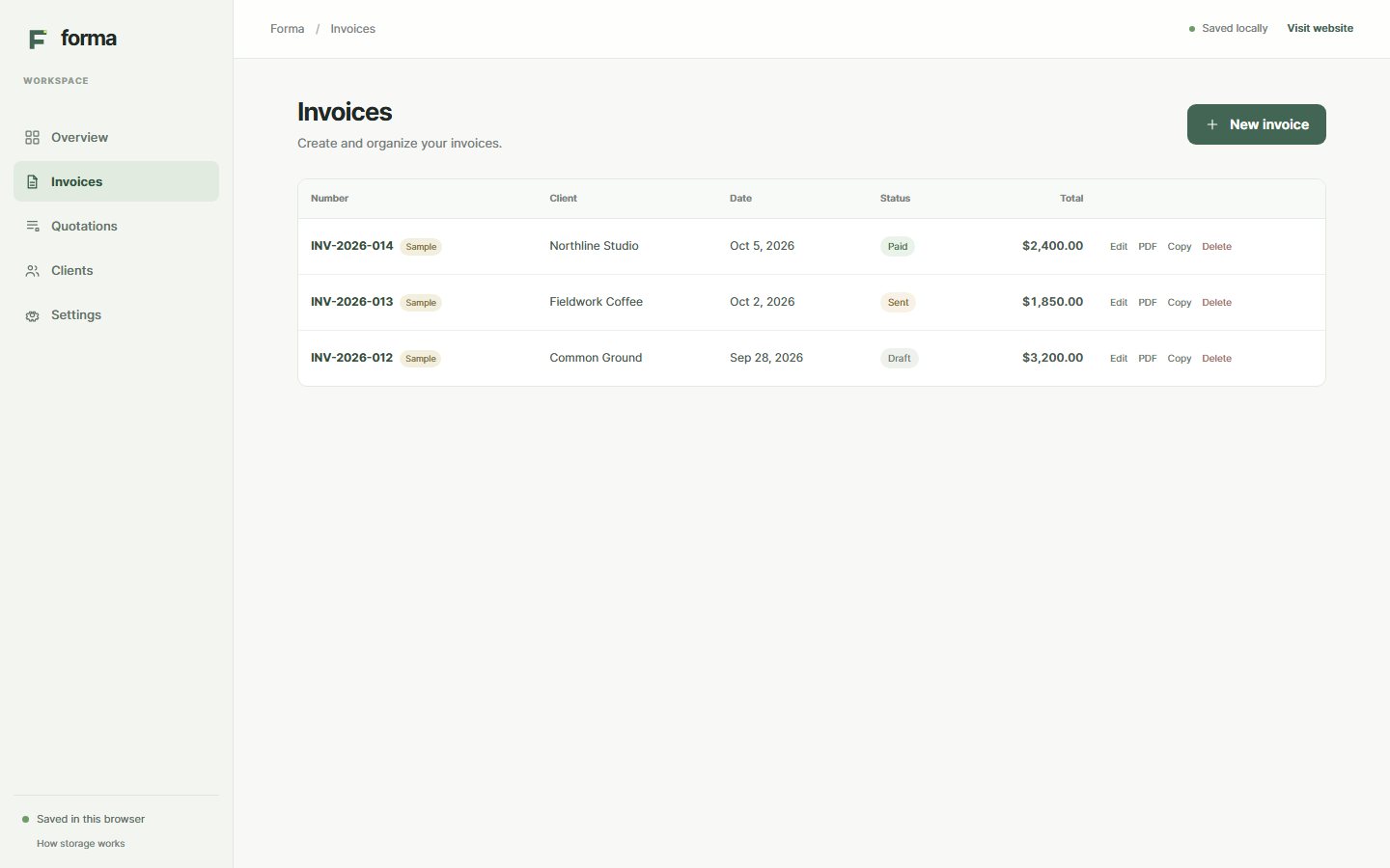 Invoice list with sample document badges and action controls