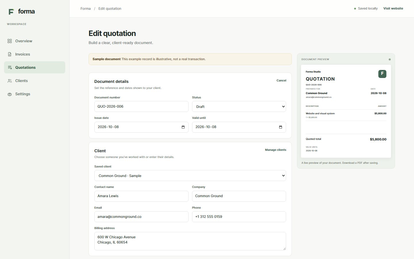 Quotation editor with a live quote preview and sample record label