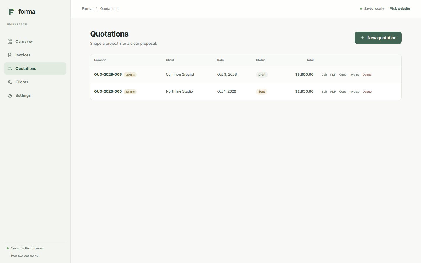 Quotation list with sample documents and invoice conversion action