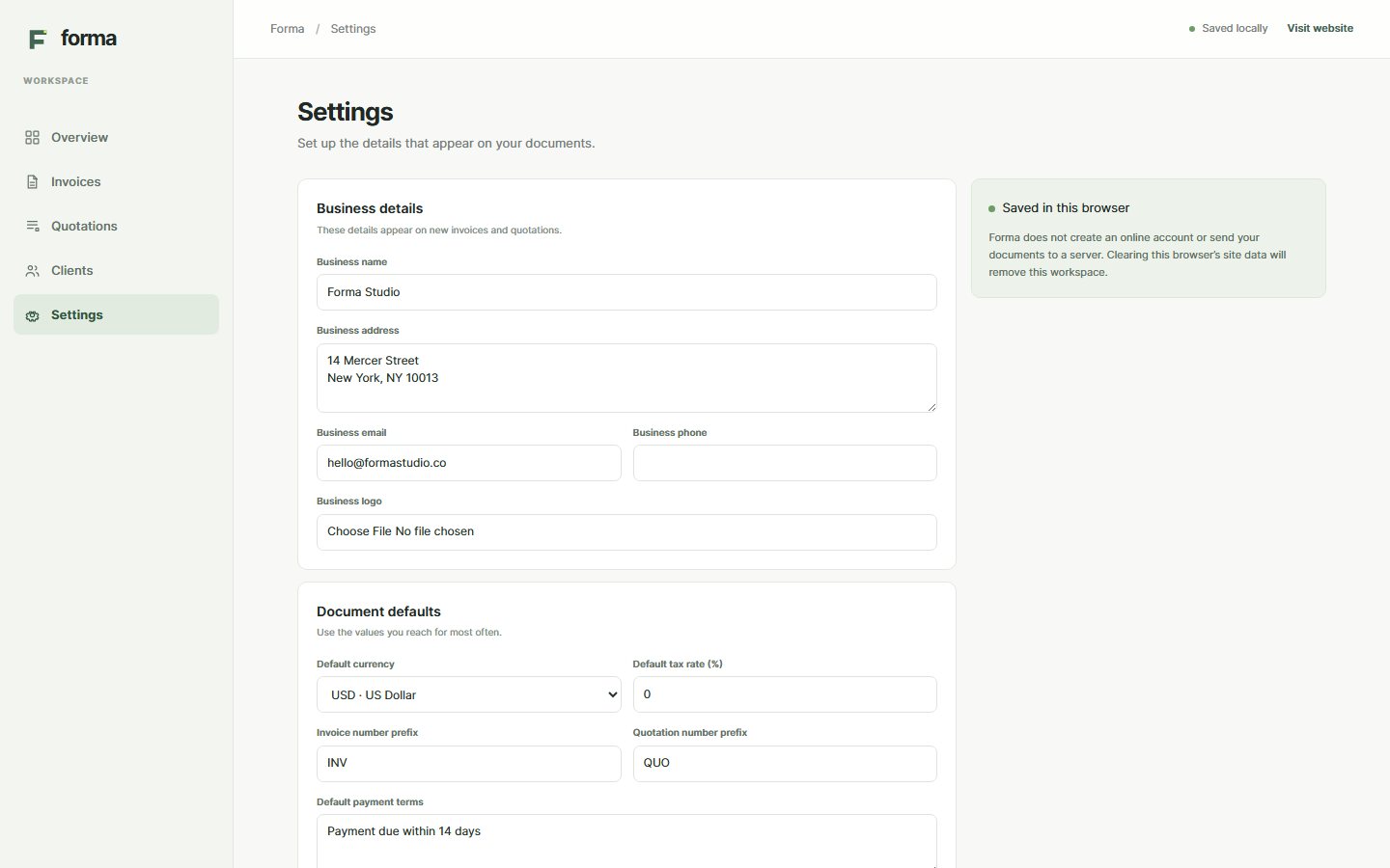Business settings with sample company defaults